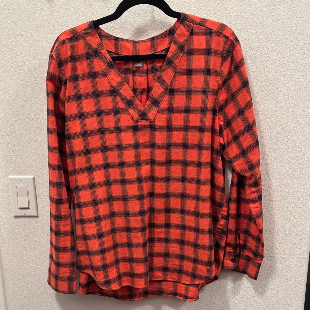 Orange and Navy Plaid V-Neck Flannel shirt